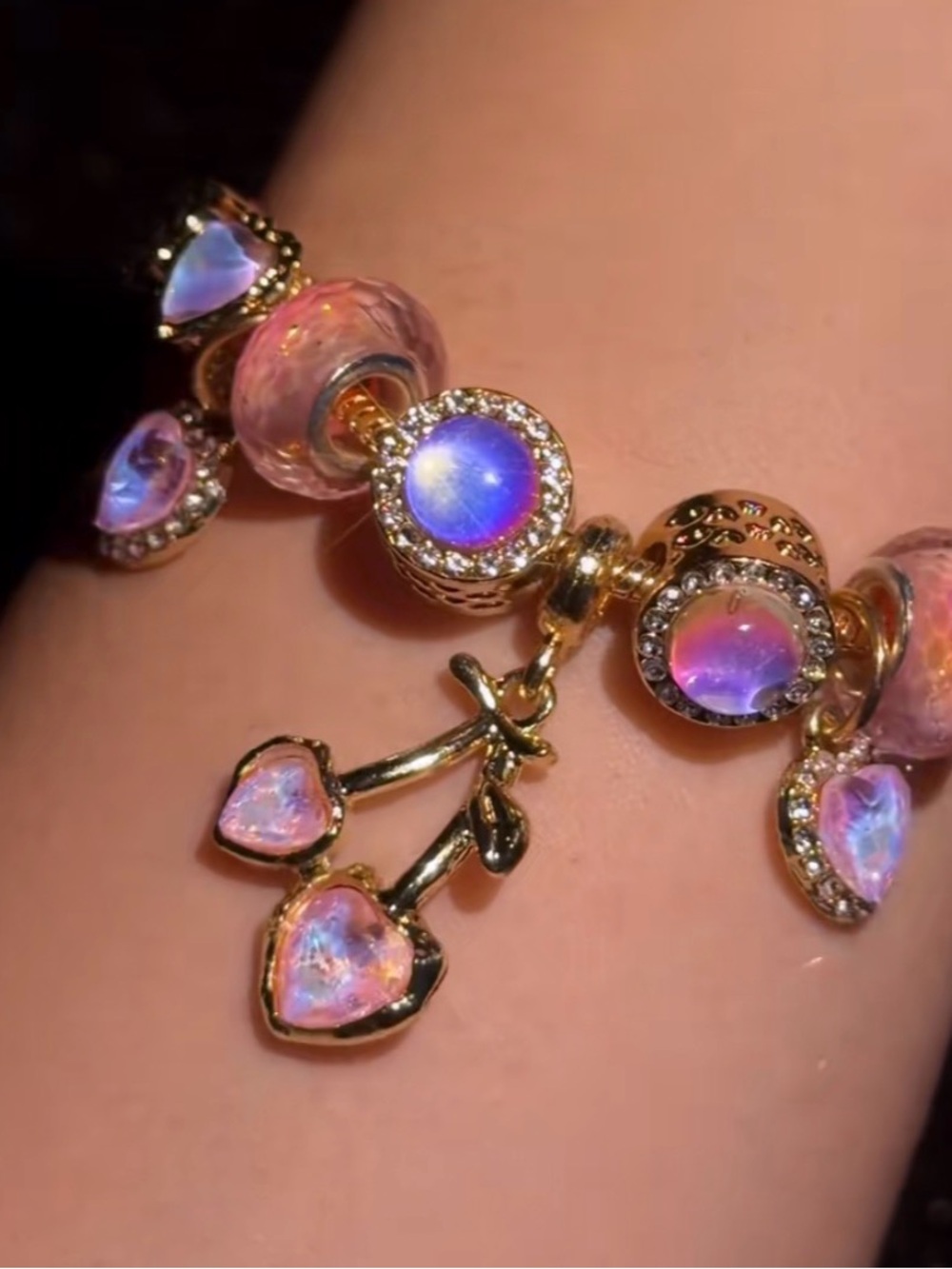 Gold-Tone Pink Opalescent Charm Bracelet with Heart & Cherry Charms